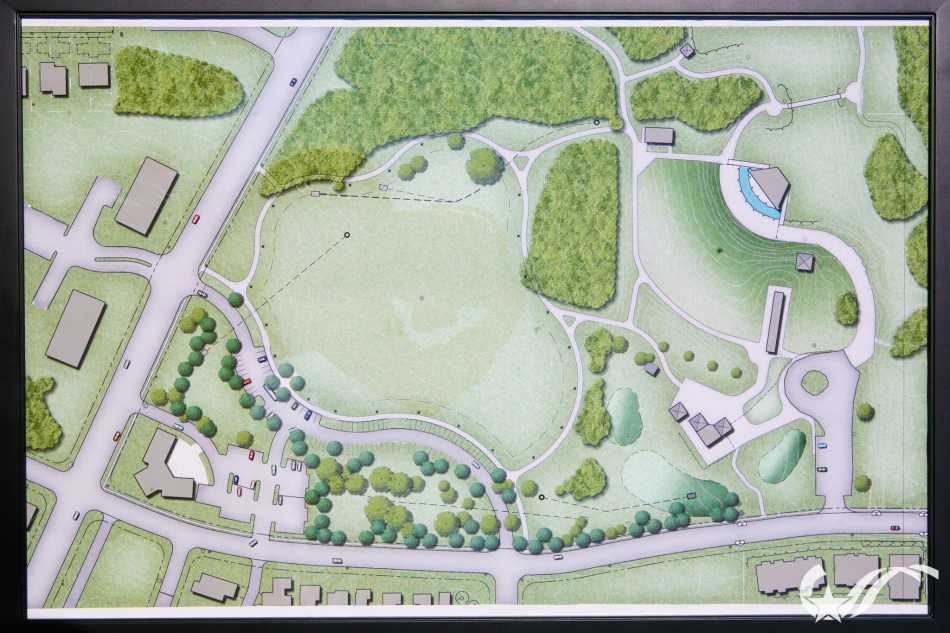 The layout of the area with Dartmouth Drive on the left, Colgate Street at the bottom and the amphitheater at the upper right.