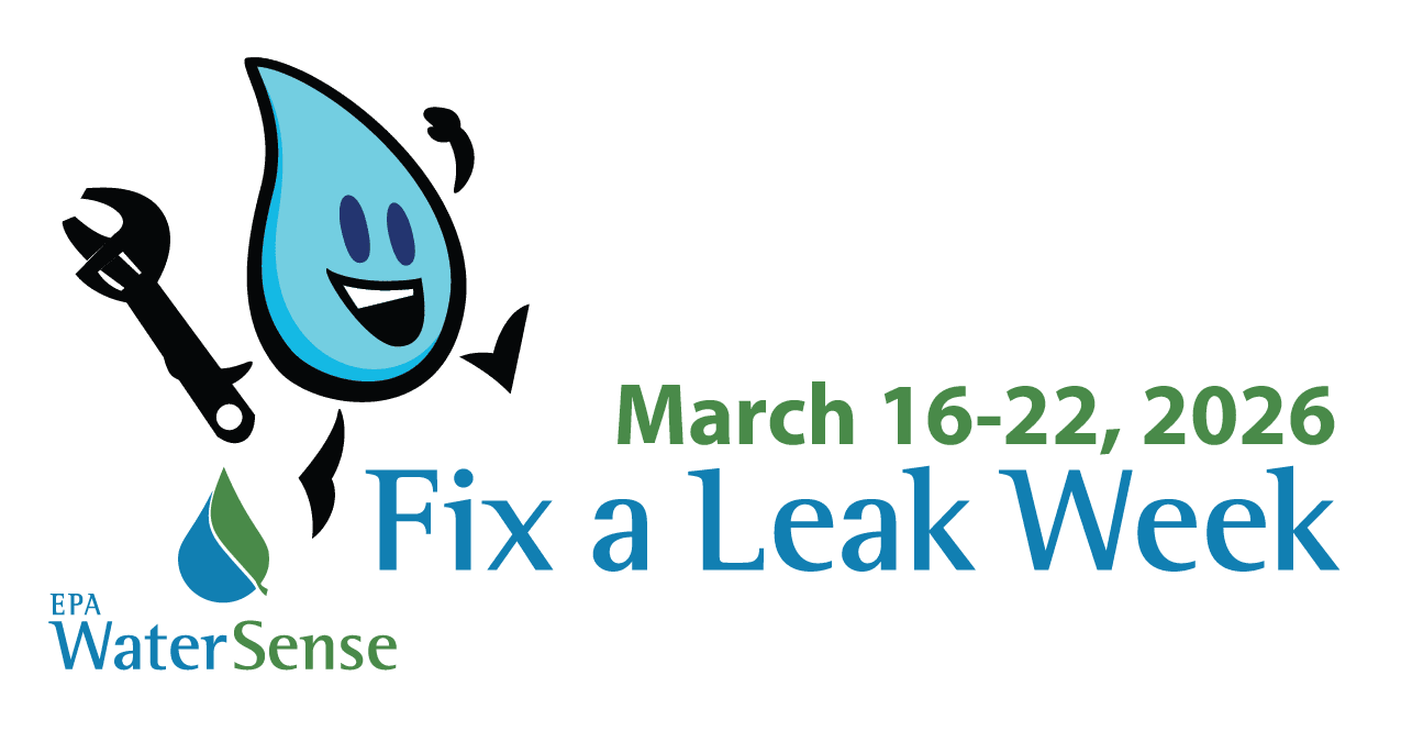 Logo for Fix a Leak Week featuring a smiling water droplet holding a wrench, with the dates March 16-22, 2026, and the EPA WaterSense label.