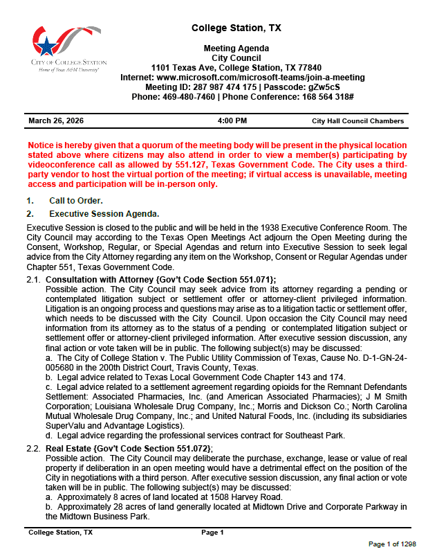 City Council meeting agenda for College Station, TX, detailing the meeting date, time, location, and items for discussion including executive session consultations.