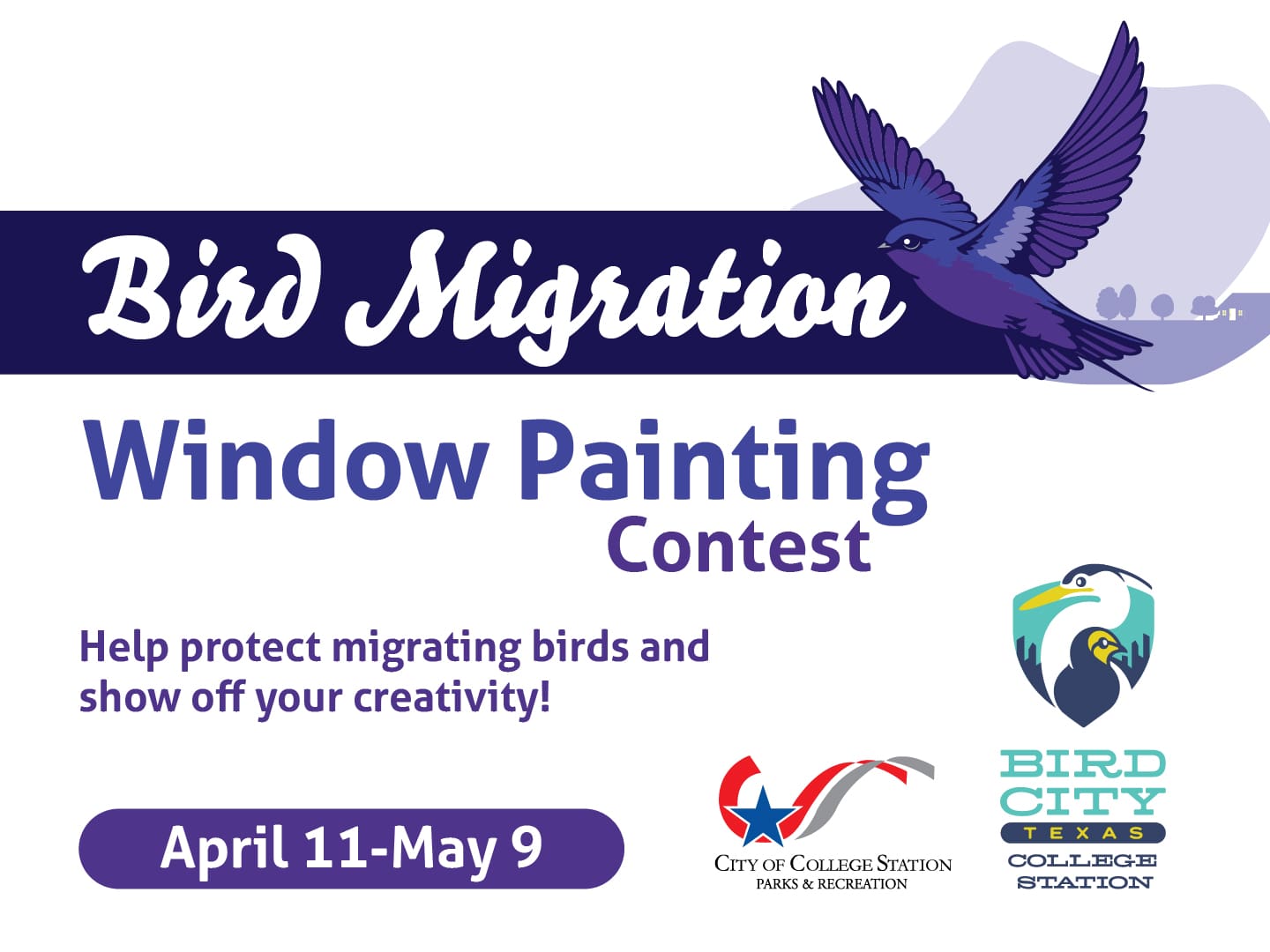 Promotional graphic for the Bird Migration Window Painting Contest, highlighting event dates from April 11 to May 9. The design features a bird in flight and encourages participation to protect migrating birds while showcasing creativity.