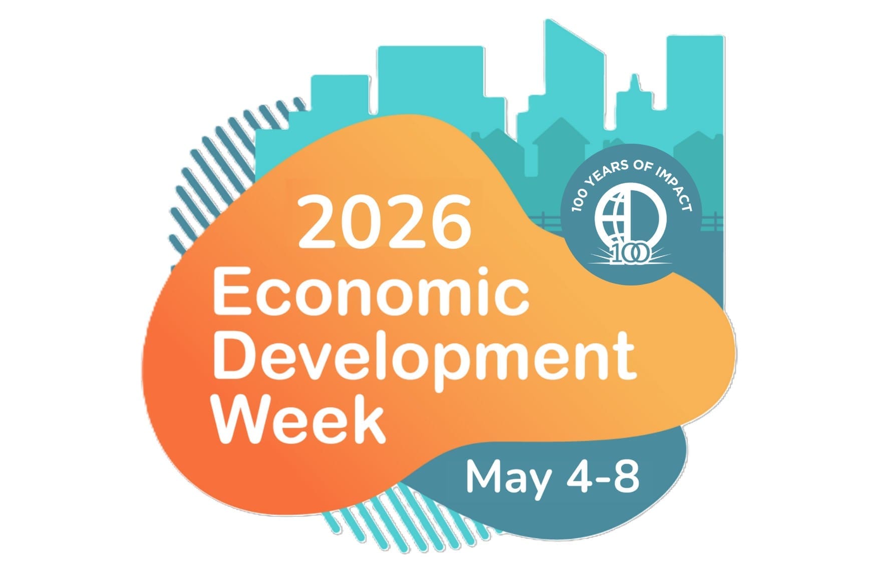 Logo for the 2026 Economic Development Week, featuring dates May 4-8 and celebrating 100 years of impact.