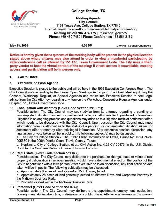 Meeting agenda for the College Station, TX City Council, including details on location, time, and items to be discussed in executive session.