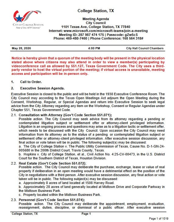 A meeting agenda for the City Council of College Station, Texas, dated May 28, 2026, outlining the call to order and the executive session agenda including consultations with an attorney, real estate matters, and personnel discussions.